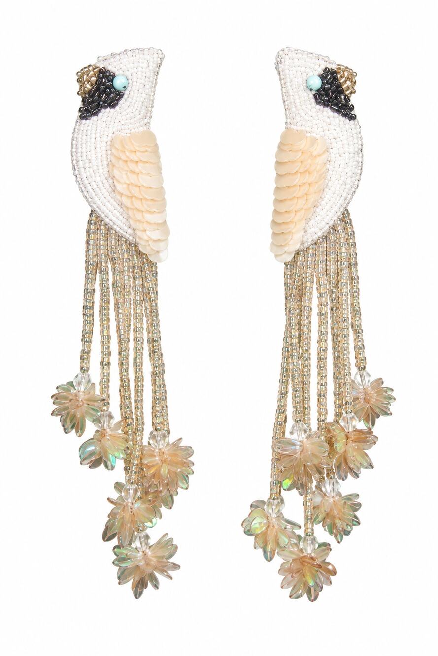Olivia Dar White Peacock Hand Embroidered Beaded Fringe Statement Earrings OS
